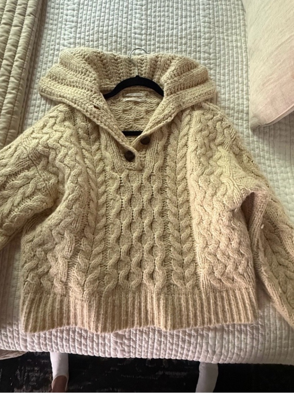 Anthropologie Cable-Knit Hooded V-Neck Sweater in Cream
